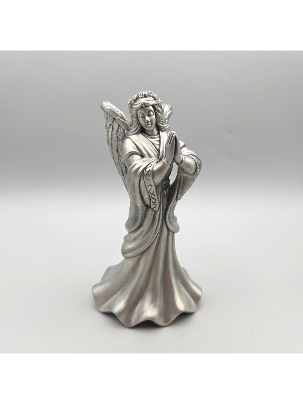 Vtg Silver Pewter Praying Angel Candle Holder Figurine Winged Christmas Decor